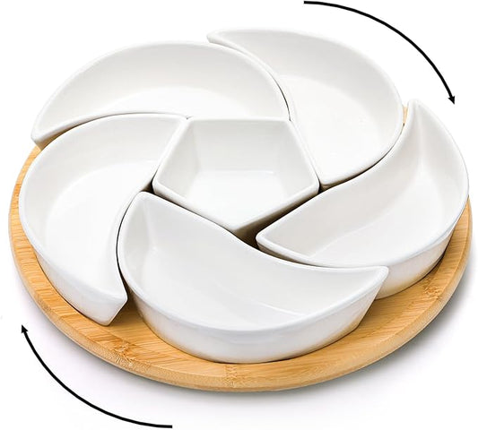 Ceramic Compartmentalized Rotating Snack Tray: Multi - Compartment Storage, 360° Smooth Rotation, Bamboo and Wood Base, Exquisite and Practical