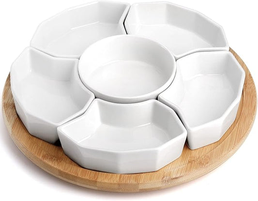 Ceramic Compartmentalized Rotating Snack Tray: Multi - Compartment Storage, 360° Rotation, Bamboo and Wood Base, Exquisite and Practical