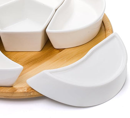 Ceramic Compartmentalized Rotating Snack Tray: Multi - Compartment Storage, 360° Smooth Rotation, Bamboo and Wood Base, Exquisite and Practical
