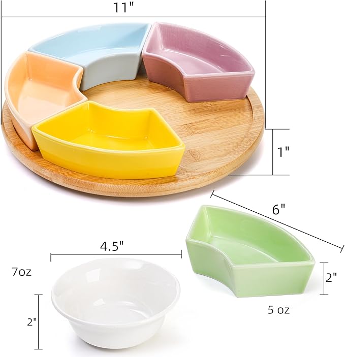 Colorful Ceramic Compartmentalized Rotating Snack Tray: Multi - Compartment Storage, 360° Rotation, Bamboo and Wood Base, Exquisite and Practical