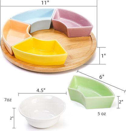 Colorful Ceramic Compartmentalized Rotating Snack Tray: Multi - Compartment Storage, 360° Rotation, Bamboo and Wood Base, Exquisite and Practical