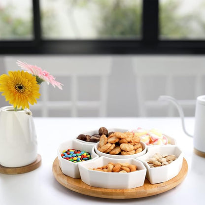 Ceramic Compartmentalized Rotating Snack Tray: Multi - Compartment Storage, 360° Rotation, Bamboo and Wood Base, Exquisite and Practical
