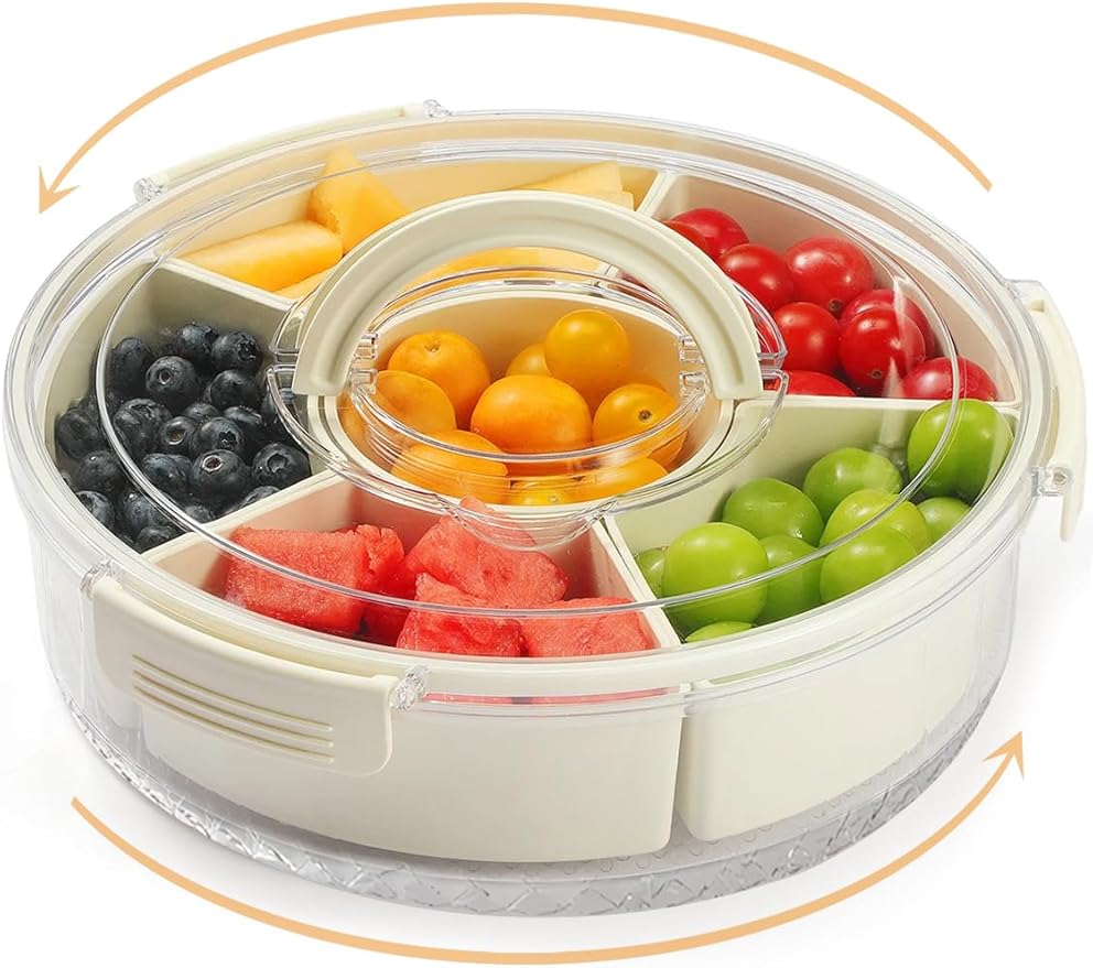 Multifunctional Rotating Snack and Fruit Tray: With Lid, Sealed and Compartmentalized, Portable and Easy to Store, Suitable for Multiple Scenarios