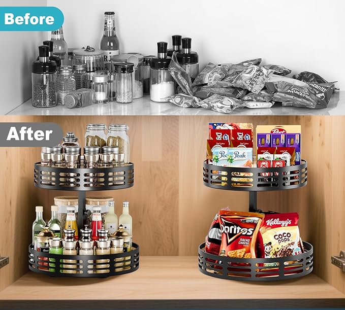 Double - Layer Rotatable Kitchen Storage Rack: 360° Smooth Rotation, Multi - Gear Height Adjustment, A Great Helper for Classified Storage