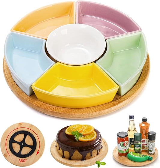 Colorful Ceramic Compartmentalized Rotating Snack Tray: Multi - Compartment Storage, 360° Rotation, Bamboo and Wood Base, Exquisite and Practical