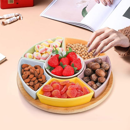 Colorful Ceramic Compartmentalized Rotating Snack Tray: Multi - Compartment Storage, 360° Rotation, Bamboo and Wood Base, Exquisite and Practical
