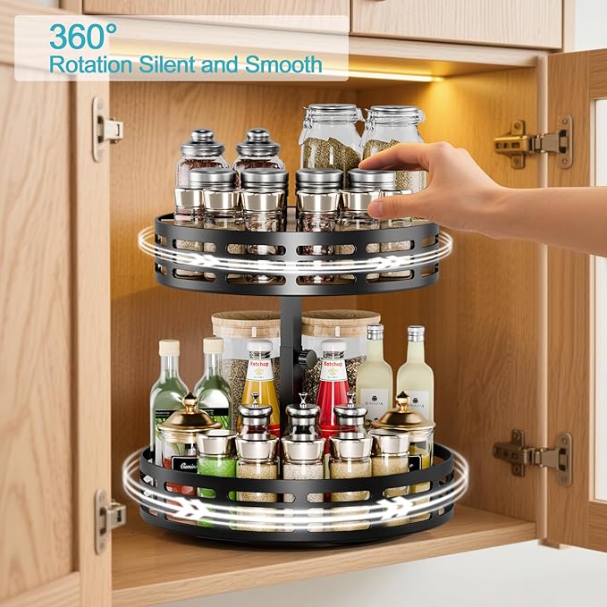 Double - Layer Rotatable Kitchen Storage Rack: 360° Smooth Rotation, Multi - Gear Height Adjustment, A Great Helper for Classified Storage