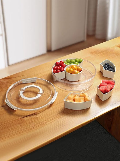 Multifunctional Rotating Snack and Fruit Tray: With Lid, Sealed and Compartmentalized, Portable and Easy to Store, Suitable for Multiple Scenarios