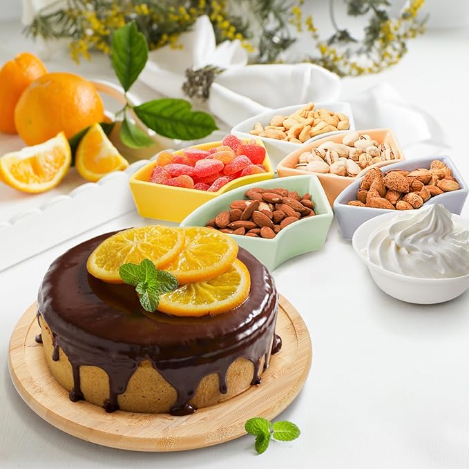 Colorful Ceramic Compartmentalized Rotating Snack Tray: Multi - Compartment Storage, 360° Rotation, Bamboo and Wood Base, Exquisite and Practical