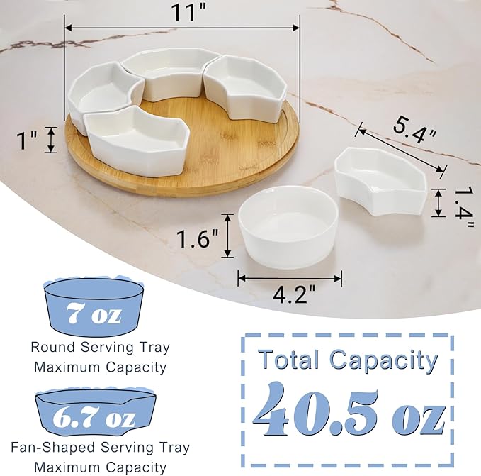 Ceramic Compartmentalized Rotating Snack Tray: Multi - Compartment Storage, 360° Rotation, Bamboo and Wood Base, Exquisite and Practical