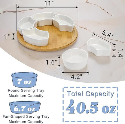 Ceramic Compartmentalized Rotating Snack Tray: Multi - Compartment Storage, 360° Rotation, Bamboo and Wood Base, Exquisite and Practical