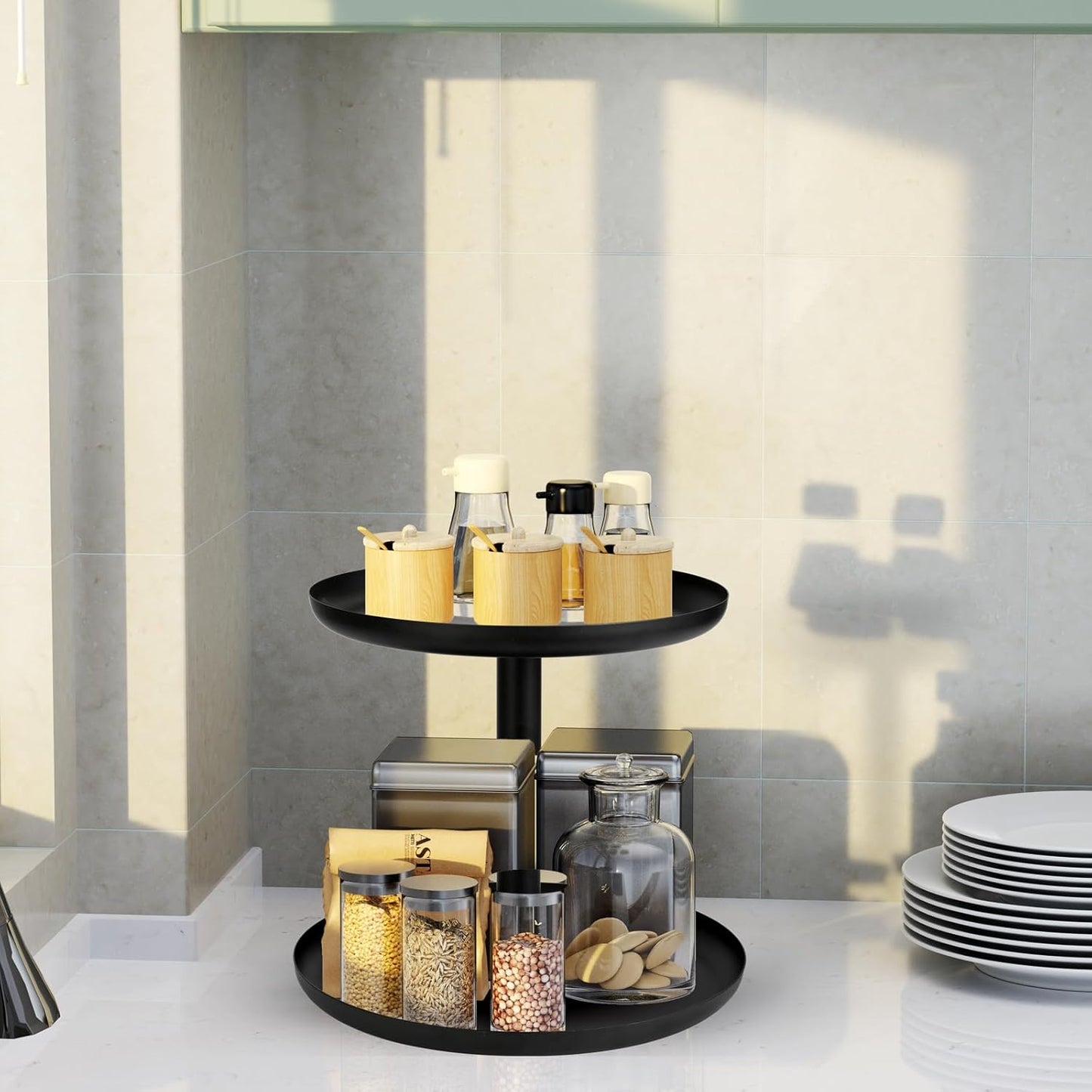 Double - Layer Metal Rotating Storage Rack: 360° Smooth Rotation, Large Capacity, Suitable for Multiple Kitchen and Living Scenarios
