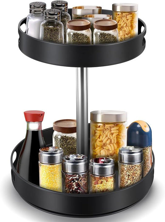 Double - Layer Rotatable Kitchen Storage Rack: 360° Smooth Rotation, Adjustable Height, Practical Organizer for Multiple Scenarios