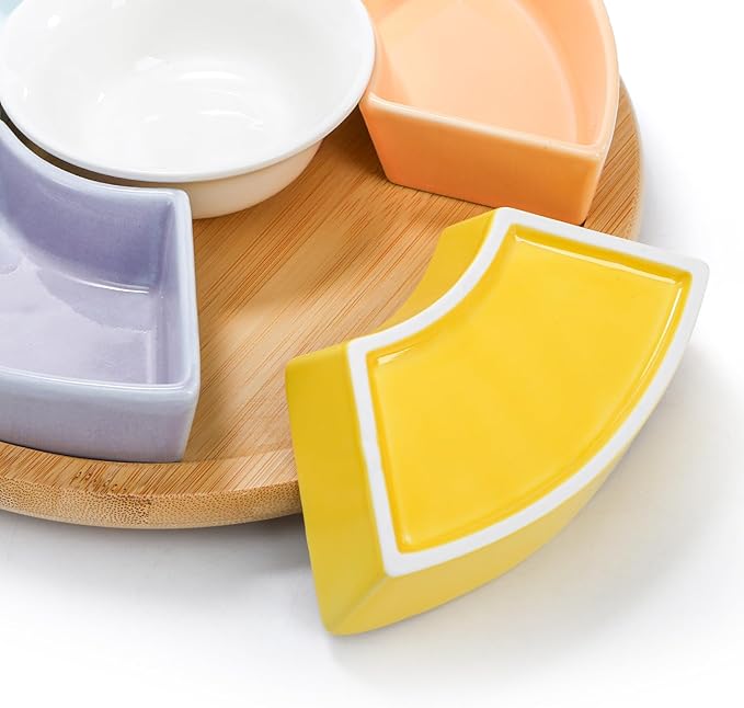 Colorful Ceramic Compartmentalized Rotating Snack Tray: Multi - Compartment Storage, 360° Rotation, Bamboo and Wood Base, Exquisite and Practical