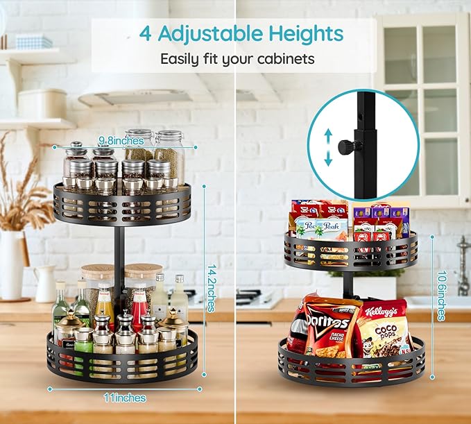 Double - Layer Rotatable Kitchen Storage Rack: 360° Smooth Rotation, Multi - Gear Height Adjustment, A Great Helper for Classified Storage