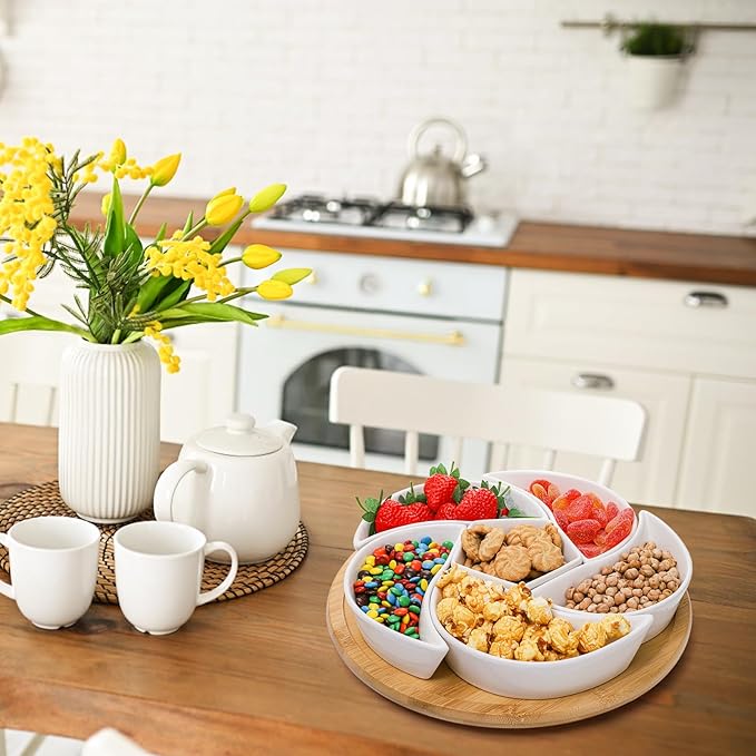 Ceramic Compartmentalized Rotating Snack Tray: Multi - Compartment Storage, 360° Smooth Rotation, Bamboo and Wood Base, Exquisite and Practical