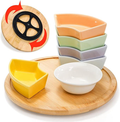 Colorful Ceramic Compartmentalized Rotating Snack Tray: Multi - Compartment Storage, 360° Rotation, Bamboo and Wood Base, Exquisite and Practical