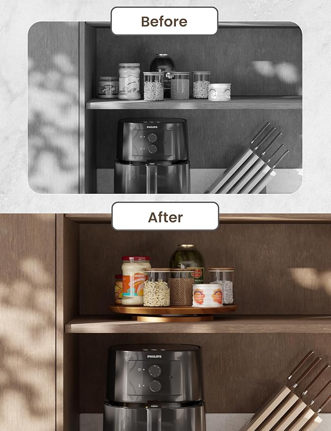 Wooden 360° Rotating Storage Tray: Large Capacity, Stable and Smooth, A Great Helper for Organizing in Multiple Kitchen and Living Scenarios