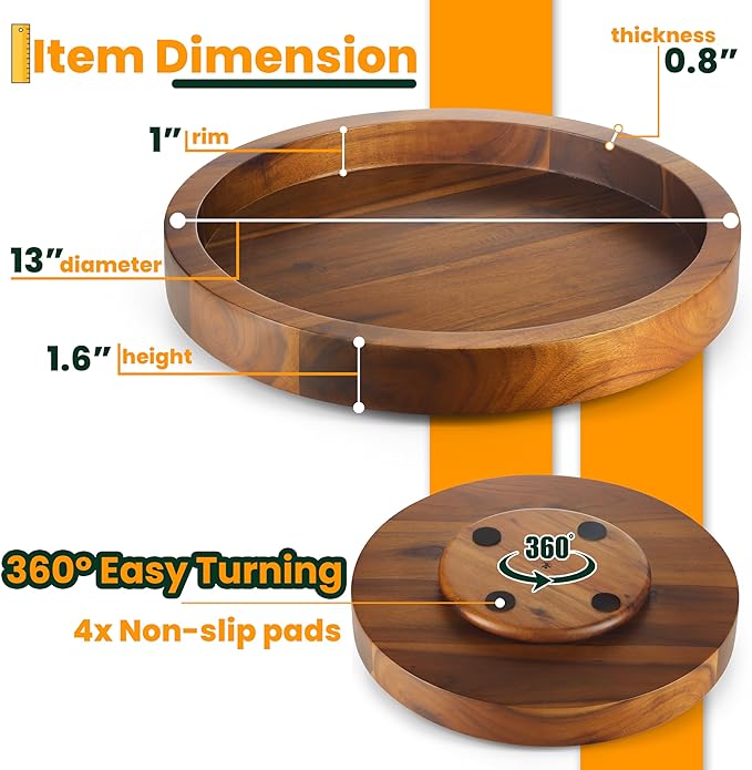 Acacia Wood 360° Rotating Storage Tray: Large Capacity, Stable and Non - Slip, Dual Use for Kitchen and Home Decoration & Storage