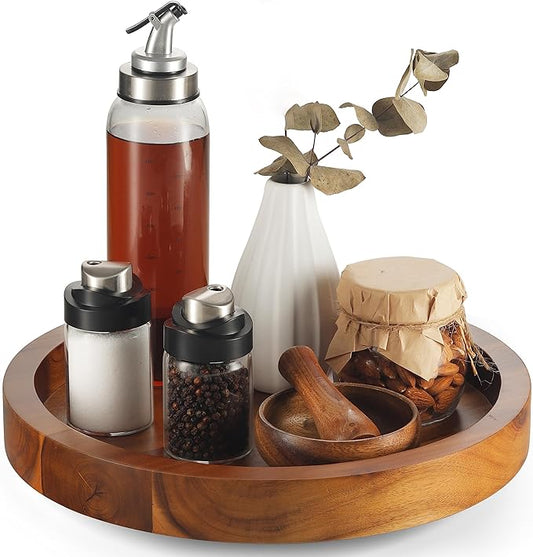 Acacia Wood 360° Rotating Storage Tray: Large Capacity, Stable and Non - Slip, Dual Use for Kitchen and Home Decoration & Storage