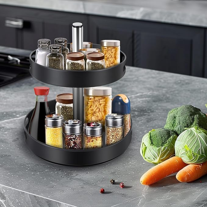 Double - Layer Rotatable Kitchen Storage Rack: 360° Smooth Rotation, Adjustable Height, Practical Organizer for Multiple Scenarios