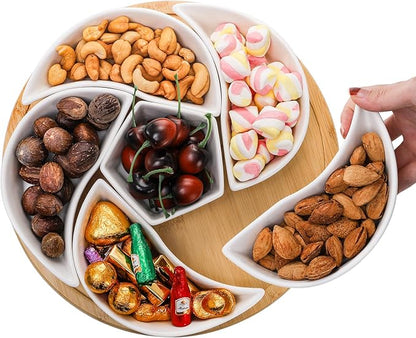 Ceramic Compartmentalized Rotating Snack Tray: Multi - Compartment Storage, 360° Smooth Rotation, Bamboo and Wood Base, Exquisite and Practical