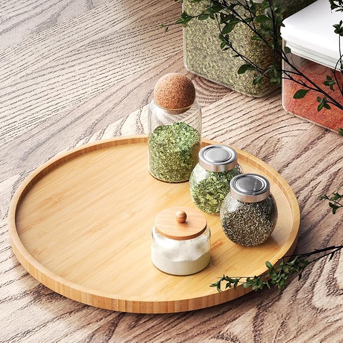 Bamboo 360° Rotating Storage Tray: Large Capacity, Stable and Durable, A Great Helper for Kitchen and Home Organization