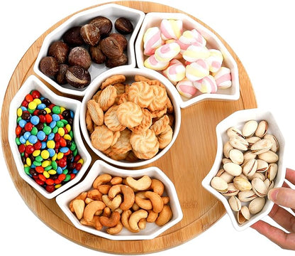 Ceramic Compartmentalized Rotating Snack Tray: Multi - Compartment Storage, 360° Rotation, Bamboo and Wood Base, Exquisite and Practical