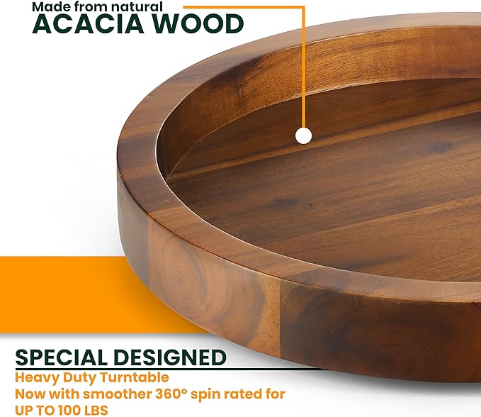 Acacia Wood 360° Rotating Storage Tray: Large Capacity, Stable and Non - Slip, Dual Use for Kitchen and Home Decoration & Storage